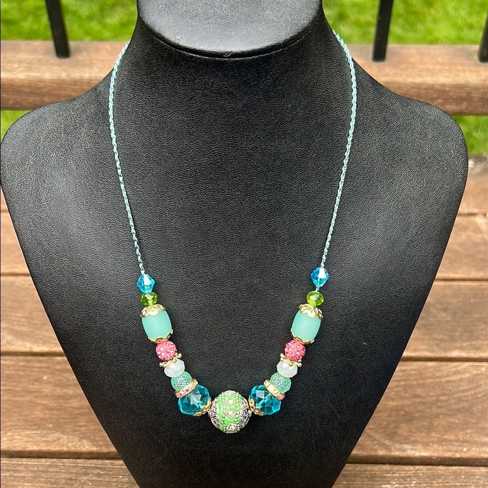 Handmade Colorful Pink & Blue Beaded Statement Necklace – Boho Glam Style